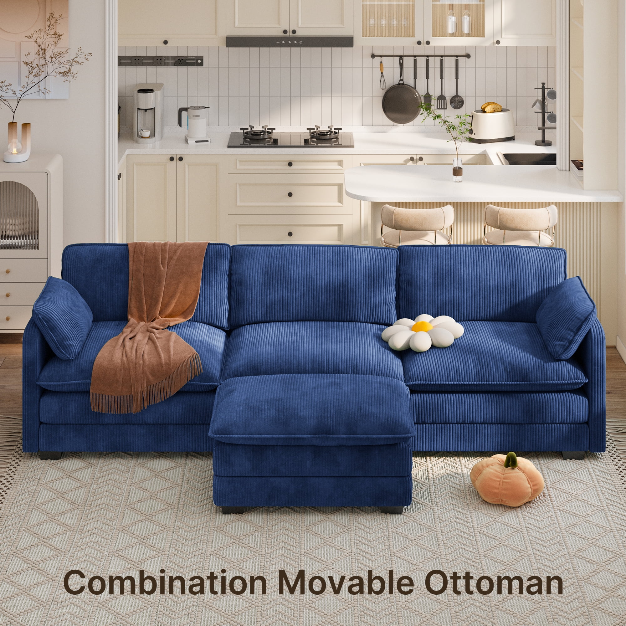 Noelse 110" L Shaped Sofa Couch Modular Sectional Cloud Couch with Movable Ottoman, 3-Seater Comfy Corduroy Deep Seat Sofa with 2 Pillows for Living Room, Bedroom, Blue, Clearance