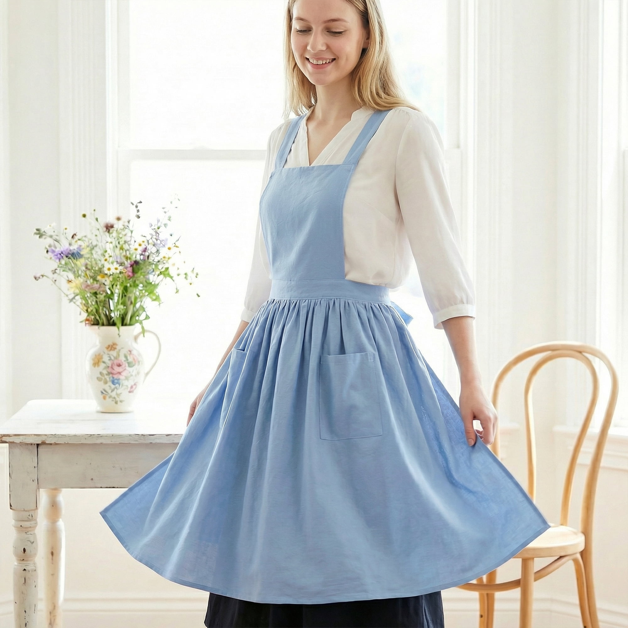 Unique Bargains Women's Kitchen Apron Long Waist Cooking Apron 37.4x50.4in Royal Blue