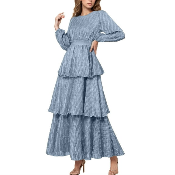 Oplxuo Elegant Floral Lace Maxi Dress for Women Long Sleeve Round Neck Empire Waist Layered Wedding Guests Party Dress