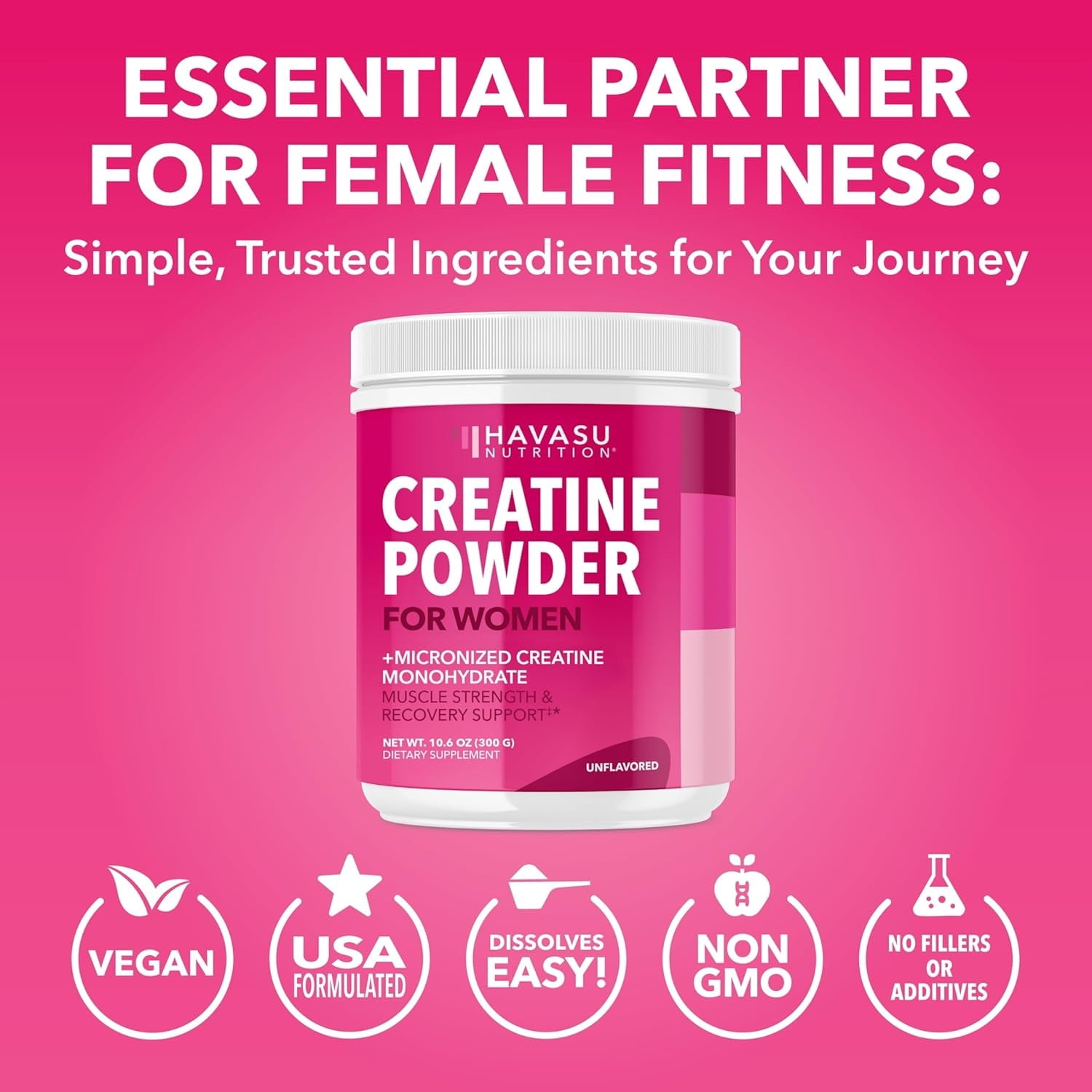 Havasu Nutrition Micronized Creatine Monohydrate Powder for Women, Unflavored, 10.6 oz (100 Servings)