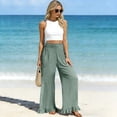 thumbnail image 6 of Linen Pants Women Flowy Ruffle Hem Wide Leg Palazzo Pants with Patch Pockets Casual Ruched Waist Summer Vacation Pant Light Blue M, 6 of 9