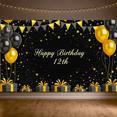 thumbnail image 5 of Black Gold Themed Happy Birthday 12th Backdrop Banner with Balloons Stars and Gifts Party Decoration Photography Prop for Birthday Parties Celebrations and Photo Booths, 5 of 8
