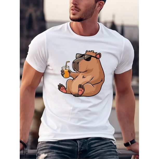 Men's Olive Green Capybara Graphic Tee - Casual & Comfortable, Wrinkle-Resistant, Machine Washable - Relaxed Fit with Round Neck - Perfect for Summer
