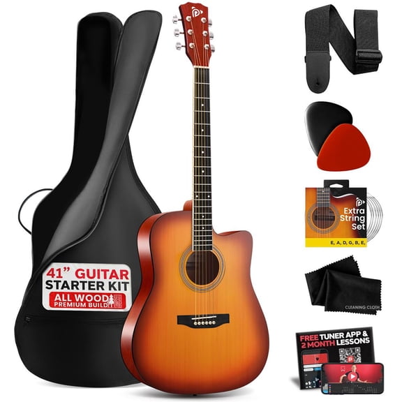 Pyle 41" Full Size Steel String Acoustic Guitar Kit, Cutaway All-Wood Guitar with Upgraded Gig Bag & Premium Accessories, Cherry Burst Gloss