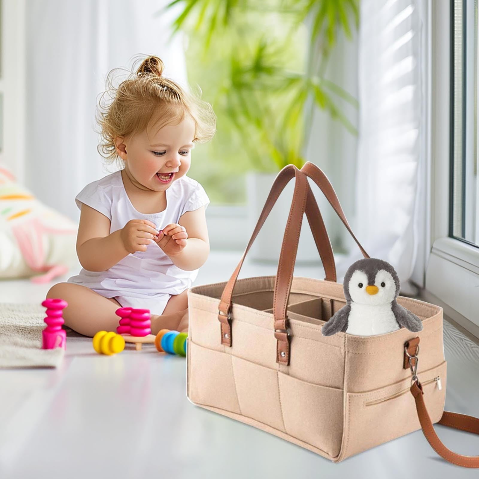 Baby Diaper Caddy Organizer, Soft Felt Bag with 6 Side Pockets, Portable Tote Nappy Bag for Car or Nursery, Must-Have for travel, Car or Nursery