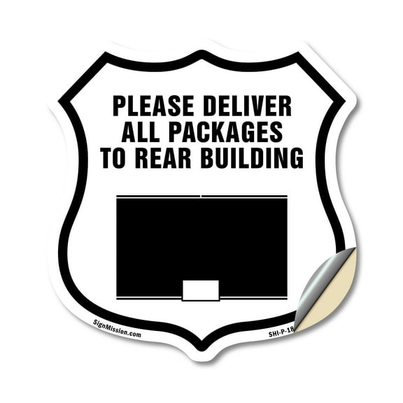 Please Deliver All Packages To Rear Building (2 Pack) 6 inch X 6 inch Shield Shaped Heavy Duty 3.2 mil Vinyl Decals Weather Resistant Made in the USA