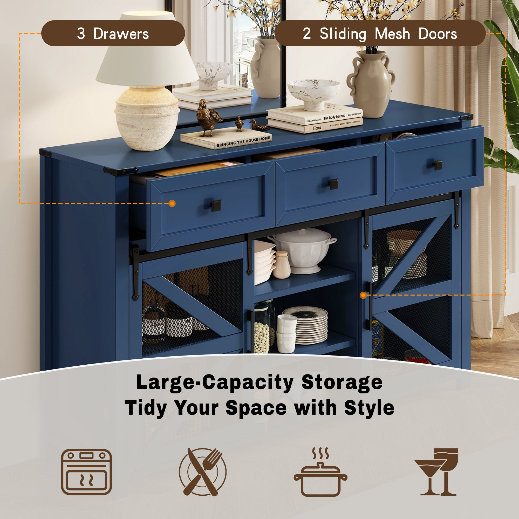 Leumius 55In Sliding Barn Door Sideboard Buffet Cabinet with 3 Drawers, Adjustable Shelves, Metal Mesh & Particleboard Doors, Aluminum Handles, Industrial Storage for Living or Dining Room Blue