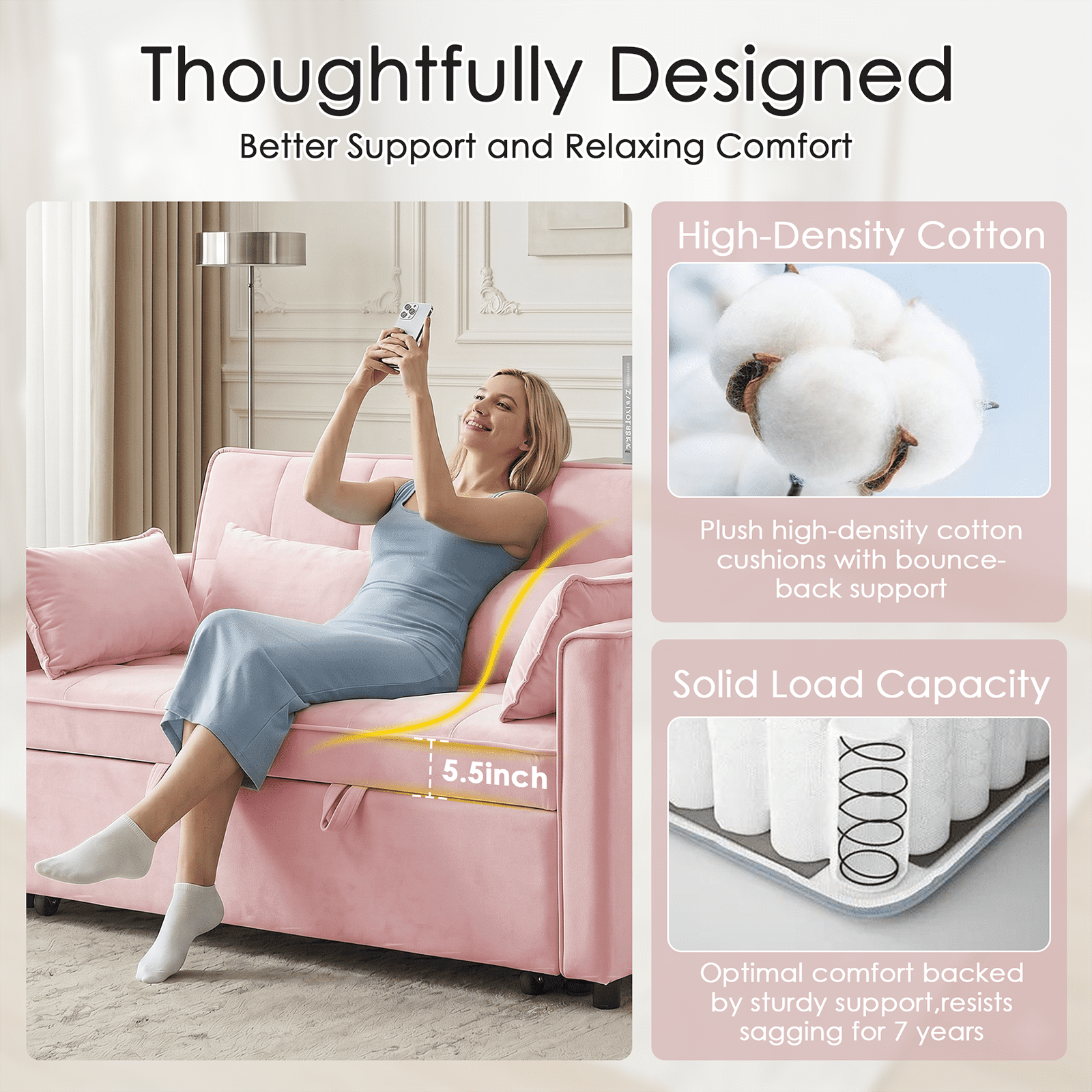 Amuille 3 in 1 Convertible Sleeper Sofa Bed, 54" Velvet Fabric Loveseat, Pull Out Couch for Living Room and Apartment (Pink)