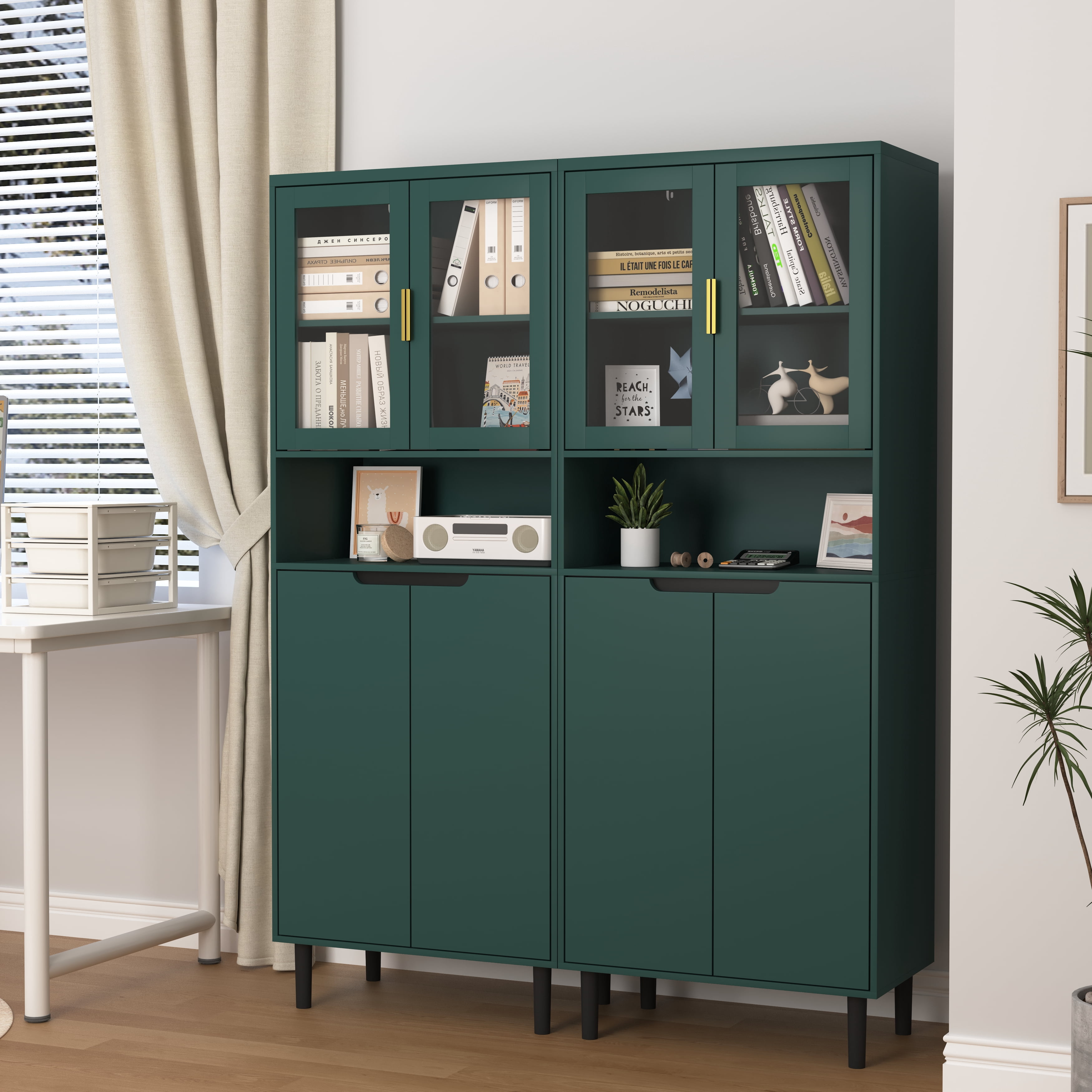 MAYEERTY White Tempered Glass Door Tall Storage Bookcase, 4-Door MDF Cabinet with Adjustable Shelves, Green