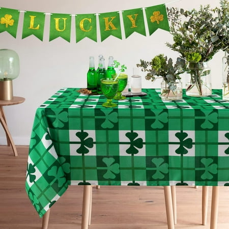 

St Patrick s Day Shamrocks Table Cloth- 60x102 inch Rectangle Tablecloth- Green and White Check with Irish Clover Stain and Water Resistant Table Cover for Dinner/Party/Holiday/Picnic