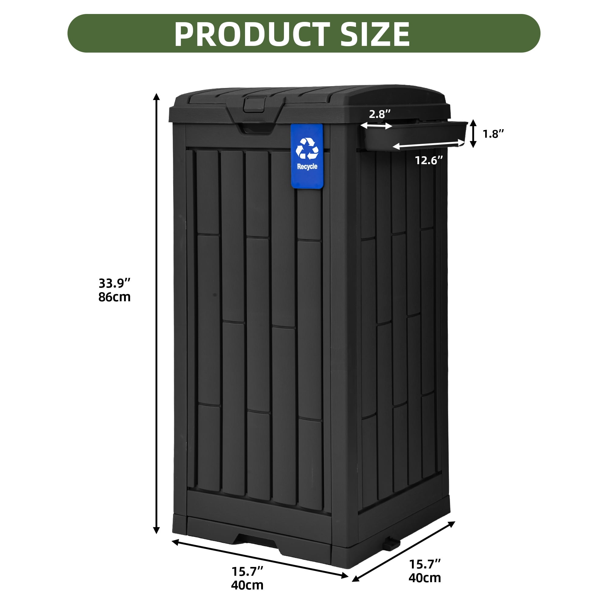 Uforic 38 Gallon Outdoor Resin Trash Can with Lid, Includes Sorting Labels, Ash Holder, Stakes and Suction Cups, Hideaway Storage for Patio Backyard Garden, Black