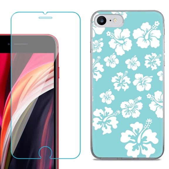 Slim-Fit Fashion Gel Phone Case for iPhone SE 2022, with Tempered Glass Screen Protector, by OneToughShield ® - Hibiscus Teal
