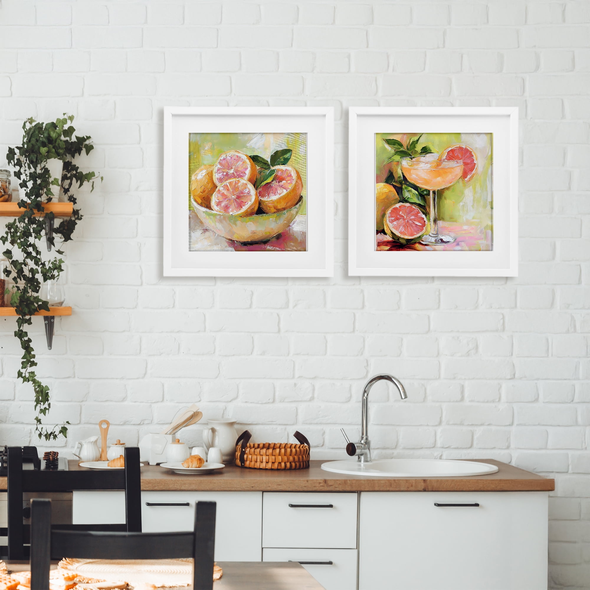 Stupell Industries Grapefruit Bowl & Cocktail 2 Piece White Framed Print Under Glass Set, design by Riley B