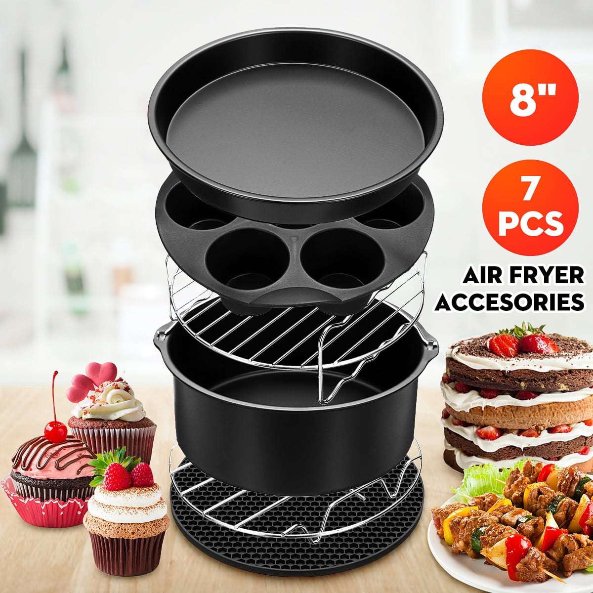 8'' 7Pcs Air Fryer Accessories Set Baking Pizza Pan Grill Pan Grill