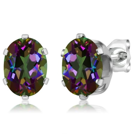 Gem Stone King 925 Sterling Silver Green Mystic Topaz Stud Earrings for Women Men (2.90 Cttw, Gemstone Birthstone, Oval 8X6MM)