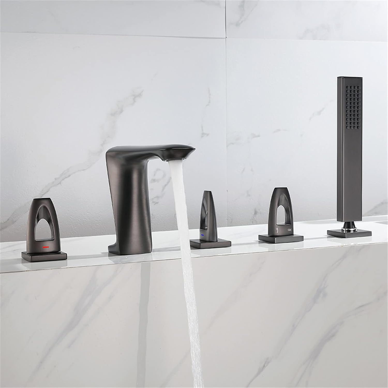 Bathtub Faucet, 5pc Deck Mounted Bath Shower Set Brass Hand Shower Basin Mixer Tap Widespread Tub Sink Faucet