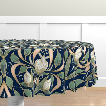 

Cotton Sateen Tablecloth 70 Round - Nouveau Blossom Deep Blue Blossoms Elegant Home Print Custom Table Linens by Spoonflower