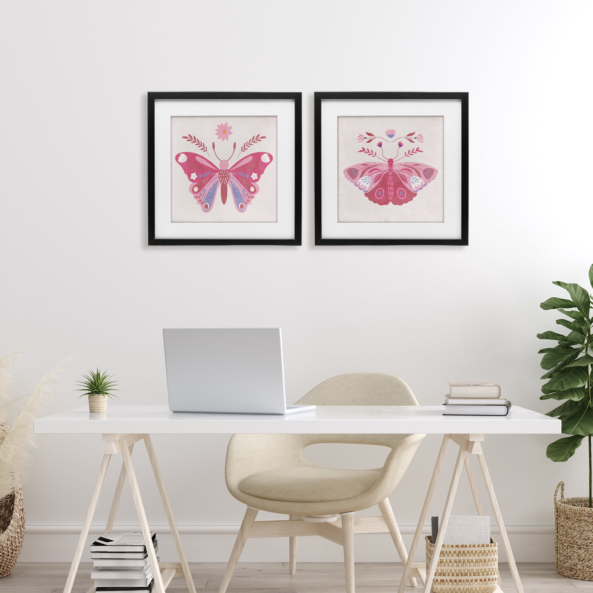 Stupell Industries Pink Folk Butterflies 2 Piece Black Framed Print Under Glass Set, design by Kim Allen
