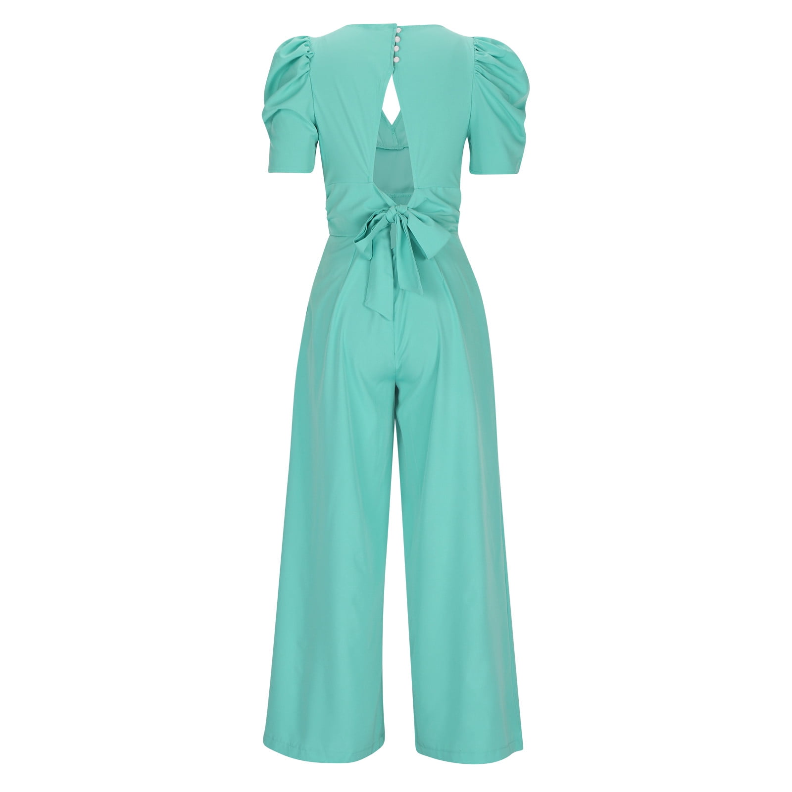 Puff Sleeve Jumpsuits for Women Dressy Sexy Deep V Neck Wide Leg Romper One Piece Formal Business Party Long Pants