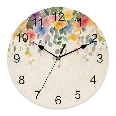 14 Inch Country Wall Clock, Watercolor Pastoral Wildflowers Linen Texture Battery Operated Silent Non Ticking Clocks, Easy to Read Round Wall Clock for Kitchen/Living Room/Bedroom/Bathroom