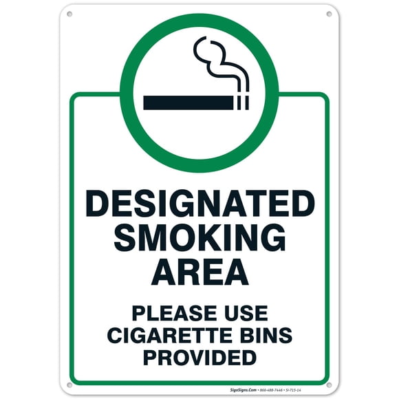 Sigo Signs, Designated Smoking Area Sign, Please Use Cigarette Bins Sign, 10x14 Inches, Rust Free .040 Aluminum, Fade Resistant, Made in USA