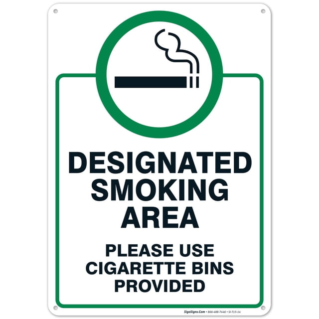 Sigo Signs, Designated Smoking Area Sign, Please Use Cigarette Bins Sign, 10x14 Inches, Rust Free .040 Aluminum, Fade Resistant, Made in USA