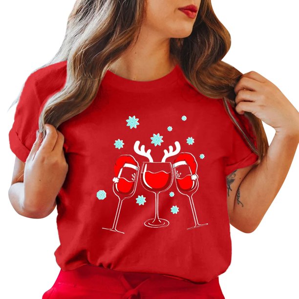 Gibobby Tops navideños para Mujer Camiseta de manga corta con cuello redondo y estampado de Navidad para mujer(Rojo,XG)