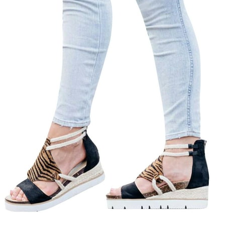 

Sandals for Women Casual Open Toe Strappy Wedge Sandals Summer Dressy Beach Zipper Roman Platform Shoes 36 Tiger Pattern