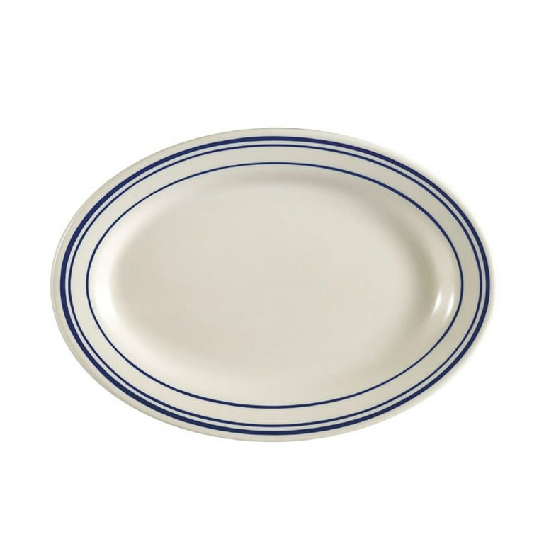 Blue Line, Oval Platter Rolled Edge 13-1/2W X 9-1/4L X 1-1/4H,  Stoneware, American White, Blue Rim,12 packs 