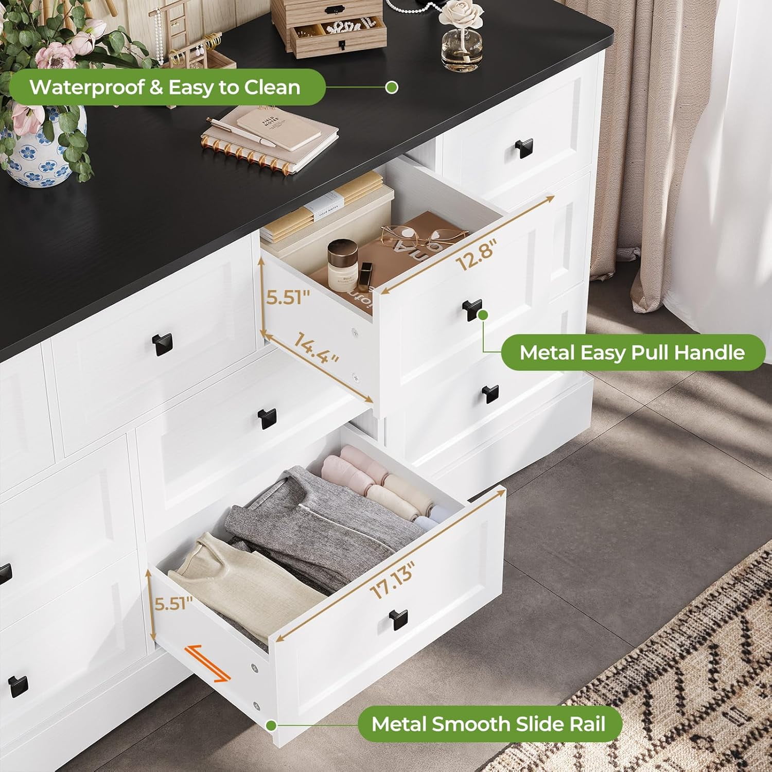 Farmhouse Dresser for Bedroom 55" Long 10 Drawers Dresser with Charging Station, Large Chest of Drawers for Bedroom Living Room Closet, White&Black