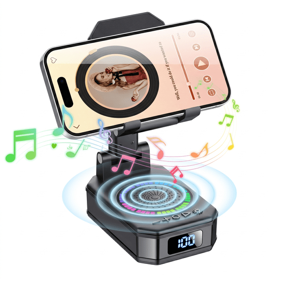 Gifts for Men Women, Bluetooth 5.4 Speaker, 4-in-1 Adjustable Foldable Phone Charger Holder, RGB Lights Non-Slip Base 3000mAh Battery, for Office Kitchen Yoga