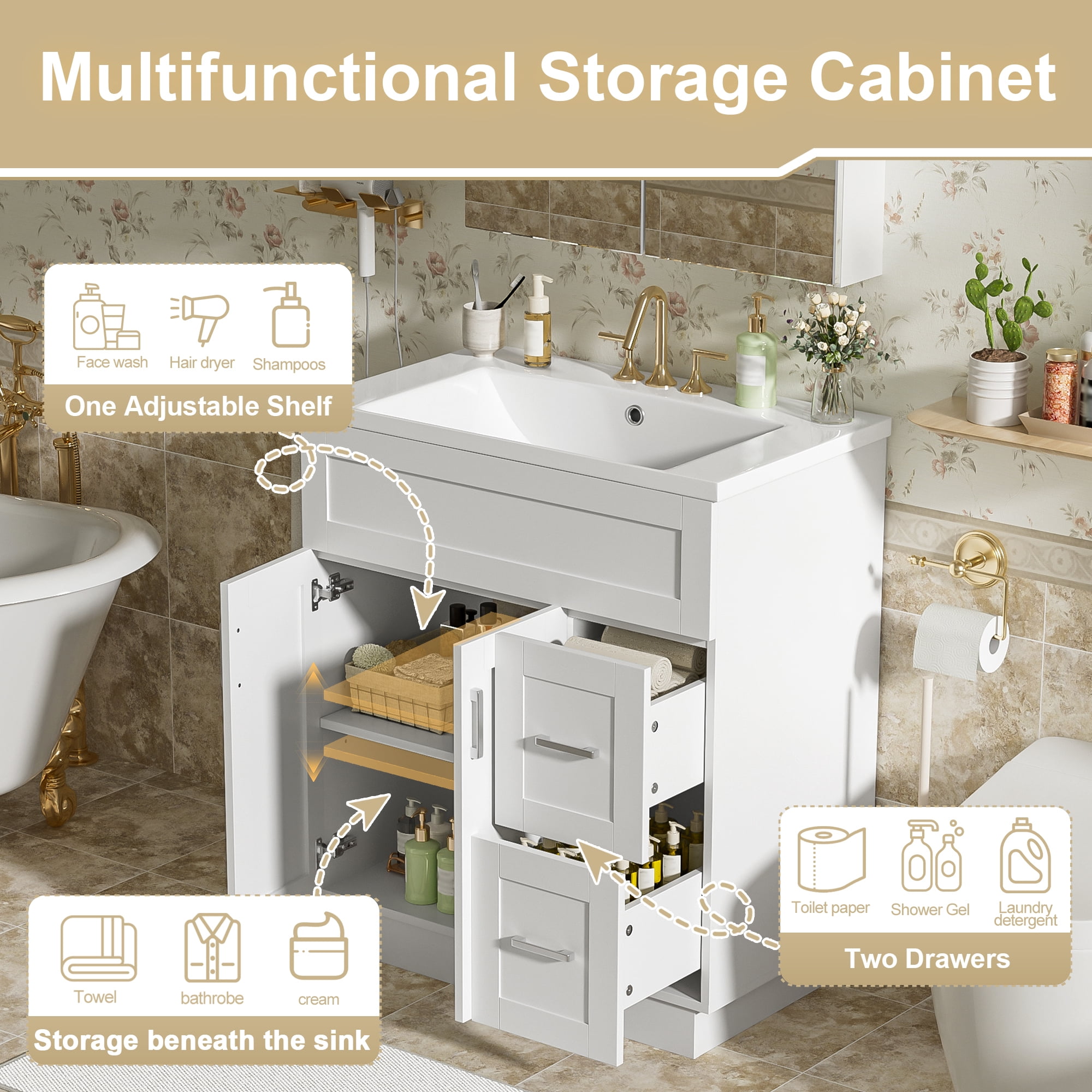 MODERNLUXE 30" Bathroom Vanity with Sink Combo,Freestanding Modern Bathroom Storage Cabinet with 2 Drawers, Adjustable Shelf & Soft Closing Doors,Solid Wood Vanity Cabinets, White