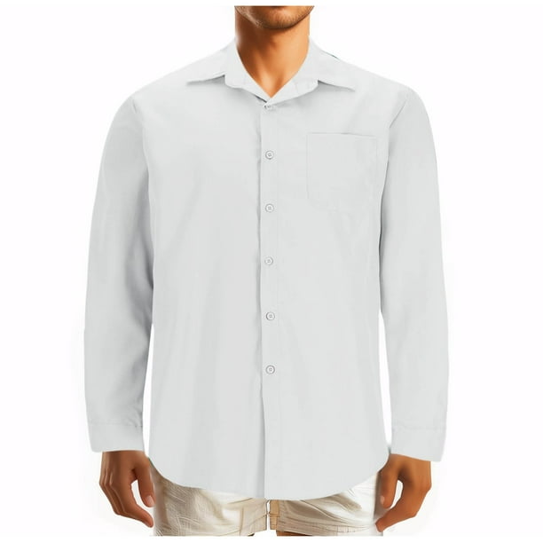 Blusa y camisa de manga larga con cuello vuelto para hombre, estilo casual, de color liso, con botones y bolsillos, de poliéster y algodón.