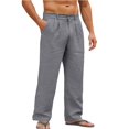 thumbnail image 4 of Men's Solid Color Linen Cotton Casual Pants, Lightweight Straight Leg Loose Fit Trousers with Button Waist, Summer Beach Yoga Pants with Pockets, Breathable Lounge Pants Dark Gray M, 4 of 10