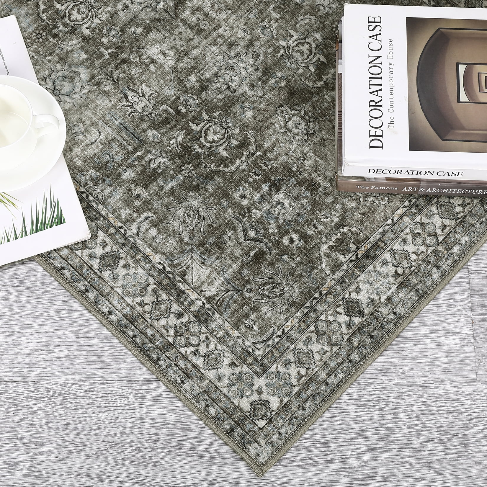 Garvee 5'x7' Washable Boho Area Rug Retro Floral Distressed Rug Low Pile Stain-Resistant Non-Slip Floor Cover Home Floor Decor, Brown Green