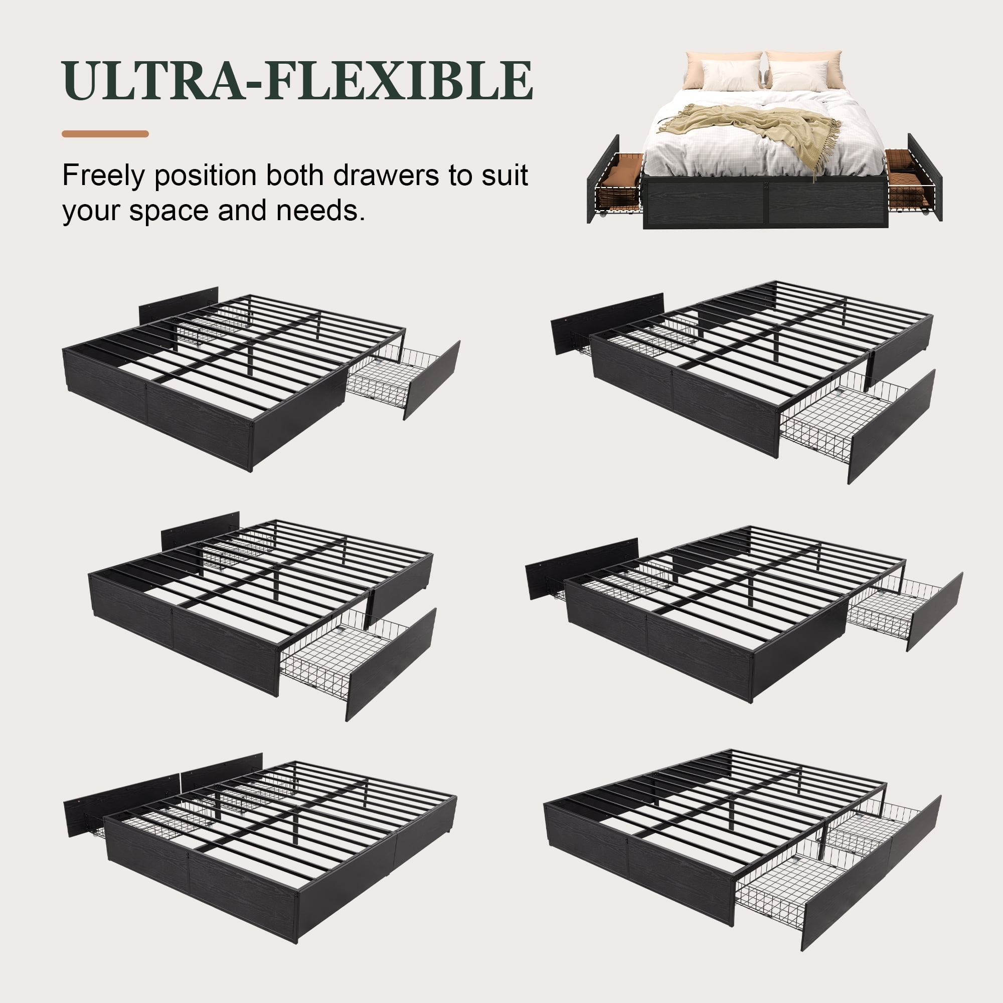 Amolife Full Bed Frame, Metal Storage Platform Bed with 2 Ultra-Flexible Drawers & Easy Assembly, Black