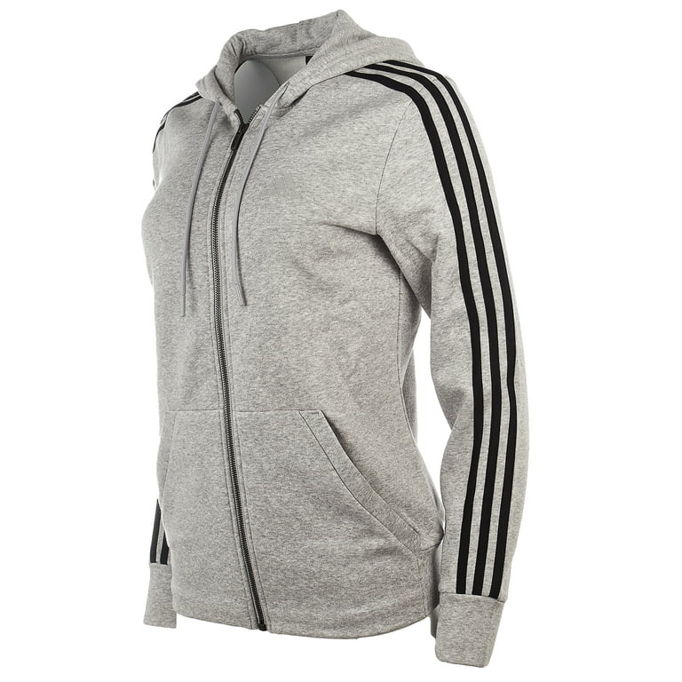 - Full Cotton Fleece Hoodie Womens - Zip 3-Stripe Adidas Grey XL Heather/Black - Medium Essentials