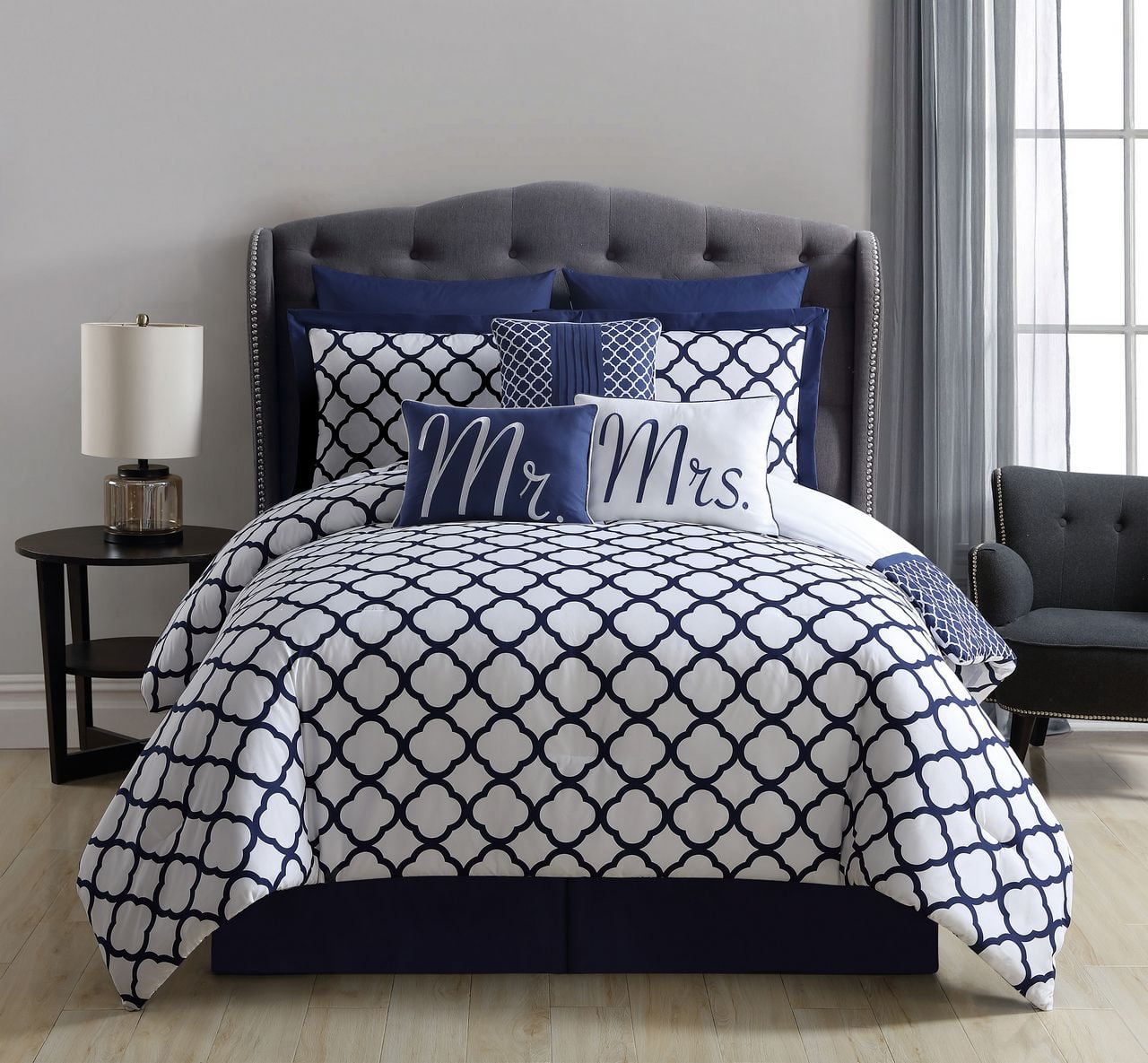 13 Piece Mr And Mrs Navy White Reversible Bed In A Bag W 500tc Cotton Sheet Set