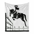 thumbnail image 1 of Cartoon Soft Flannel Fleece Blanket, Racing Horse with a Jockey Girl Jumping Above Barrier Barn Farming Print, Cozy Plush for Indoor and Outdoor Use, 50" x 60", White Charcoal Grey, by Ambesonne, 1 of 6