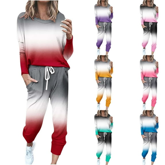 QQAMB Sweatsuits for Women Plus Size Gradient Color Crewneck Sweatshirt and Long Pant 2 Piece Sports Sets