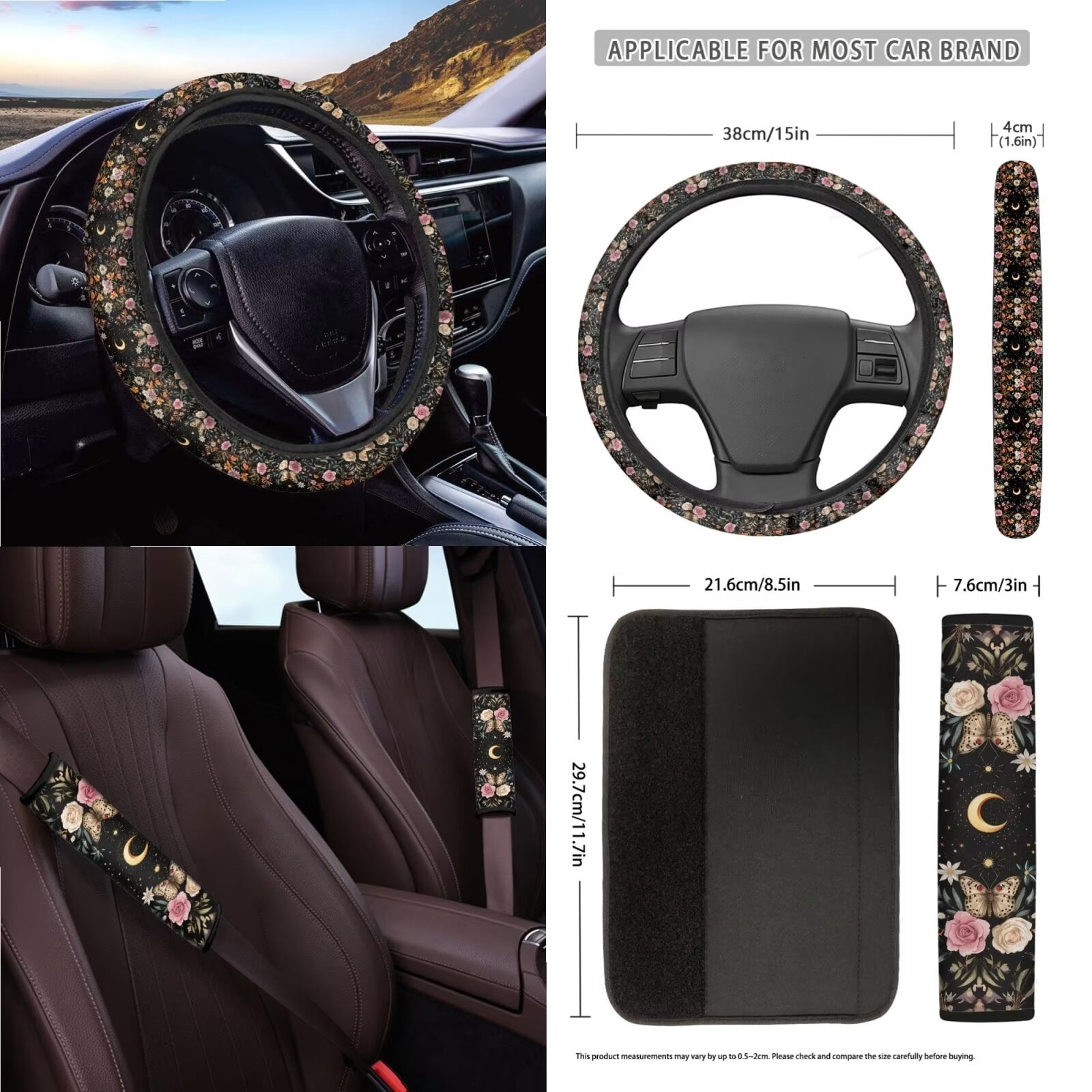 KUIFORTI Butterfly Car Seat Covers Full Set for Women Floral Steering Wheel Cover+Seat Belt Cover Pad+Trash Bag+Rearview Mirror Cover+Coasters+Car Vent Storage Organizer+Key Chain