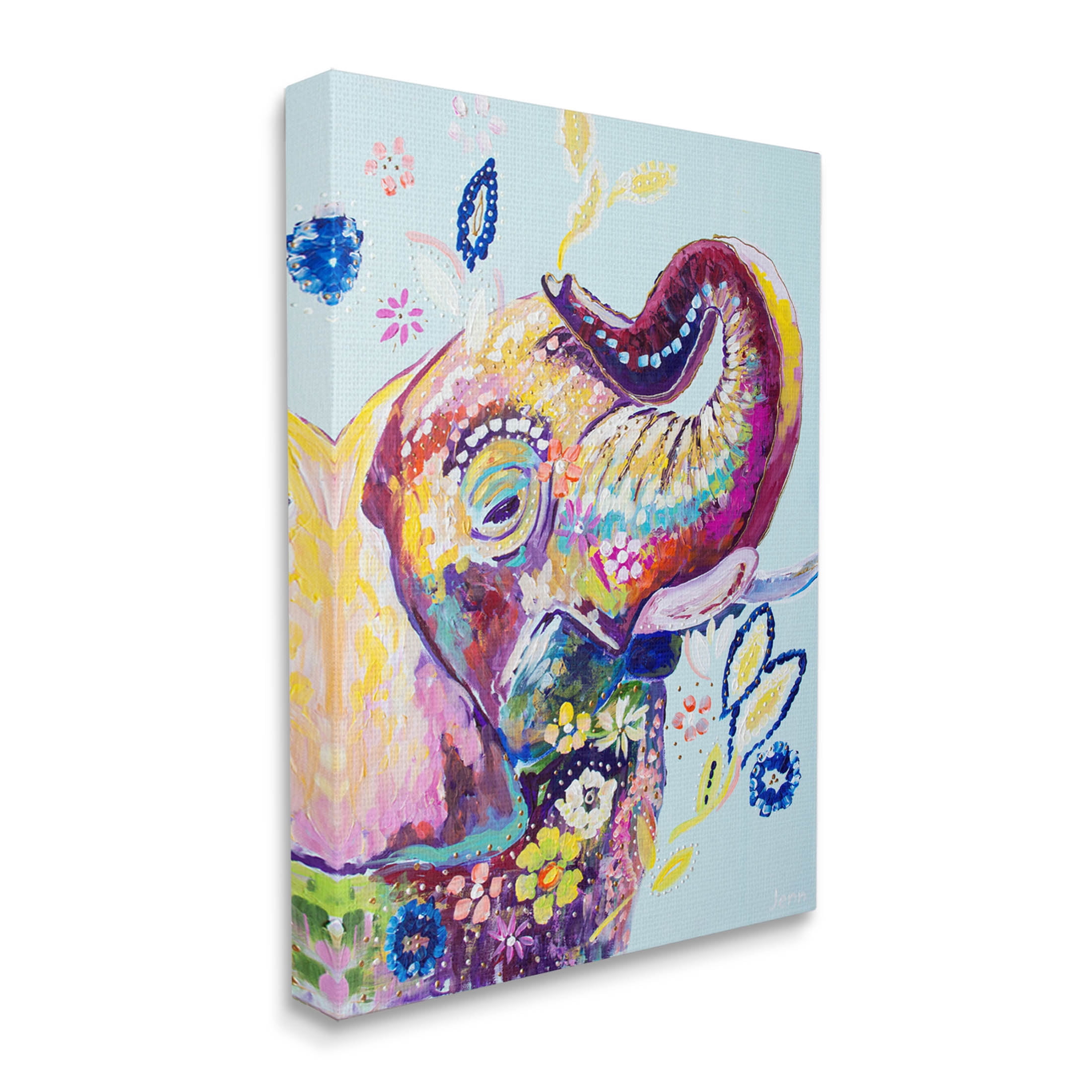 Floral Pattern Fun Elephant Animals & Insects Painting Gallery Wrapped Canvas Print Wall Art