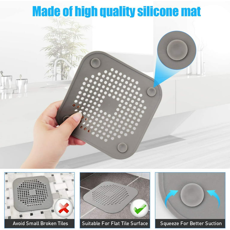 Shurin Square Drain Cover for Shower 5.7-inch TPR Drain Hair Catcher Flat Silicone Plug for Bathroom and Kitchen Grey/White Filter Sho