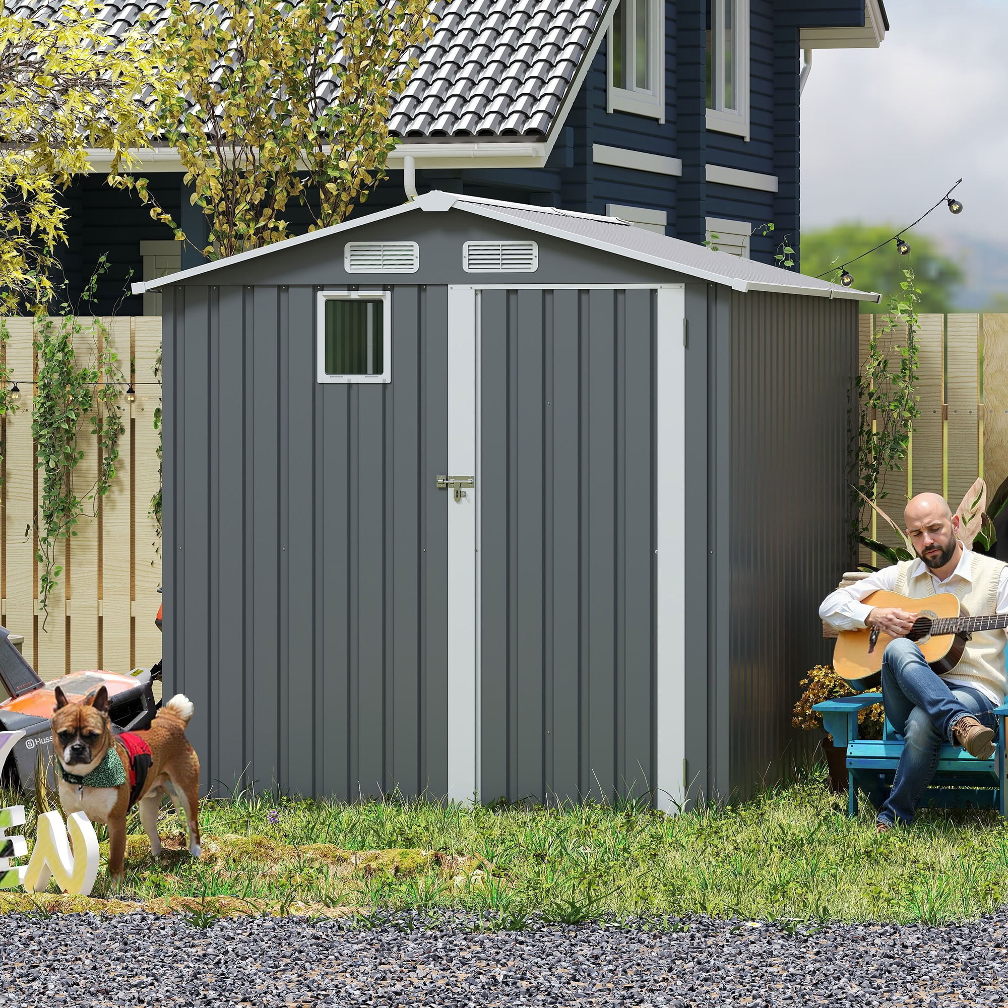 MAYEERTY 6x8FT Outdoor Storage Shed with Lockable Doors & Window, Metal Tool Shed with Vents, for Backyard, Patio, Garden, Bike & BBQ Grill Storage