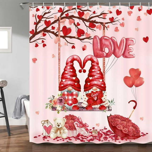 Valentine''s Day Gnome Shower Curtain, Spring Romantic Love Red Hearts Tree Decor Bath Curtains, Rose Flower Bear Gift Valentines with Hooks Fabric Seasonal Bathroom Sets 69X72Inch