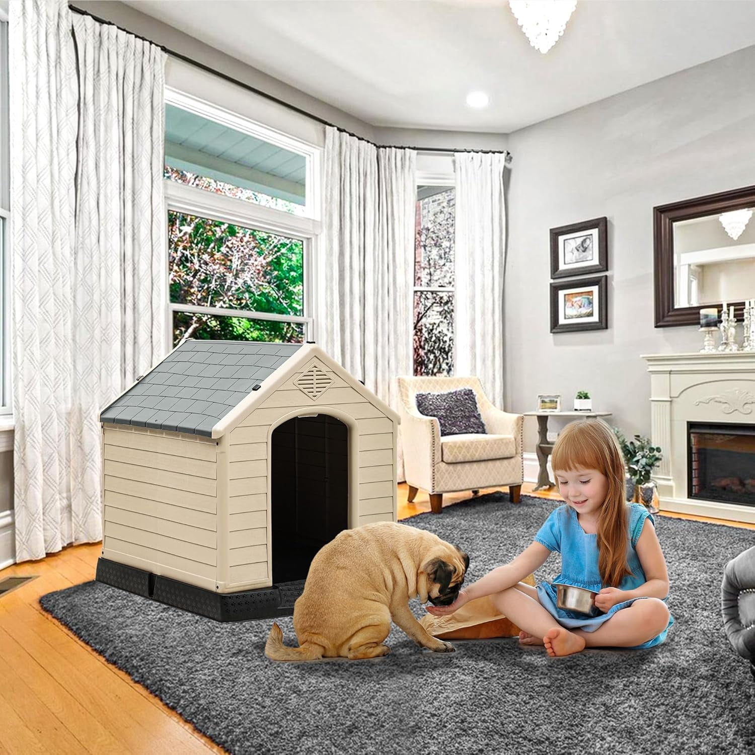 28.5'' Plastic Dog House Outdoor Indoor Doghouse Puppy Shelter Water Resistant Easy Assembly Sturdy Dog Kennel with Air Vents and Elevated Floor (28.5''L*26''W*28''H, Blue)