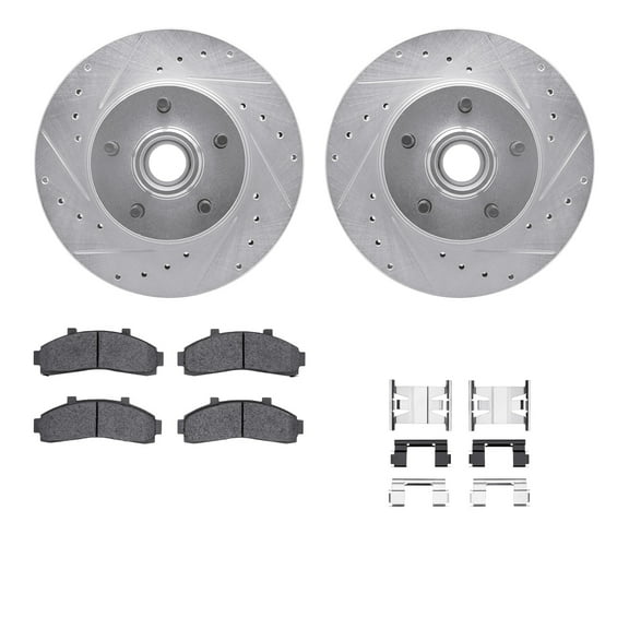 Dynamic Friction Company Front Brake Rotors-Drilled and Slotted-Silver with Ultimate Duty Performance Brake Pads includes Hardware 7412-54029