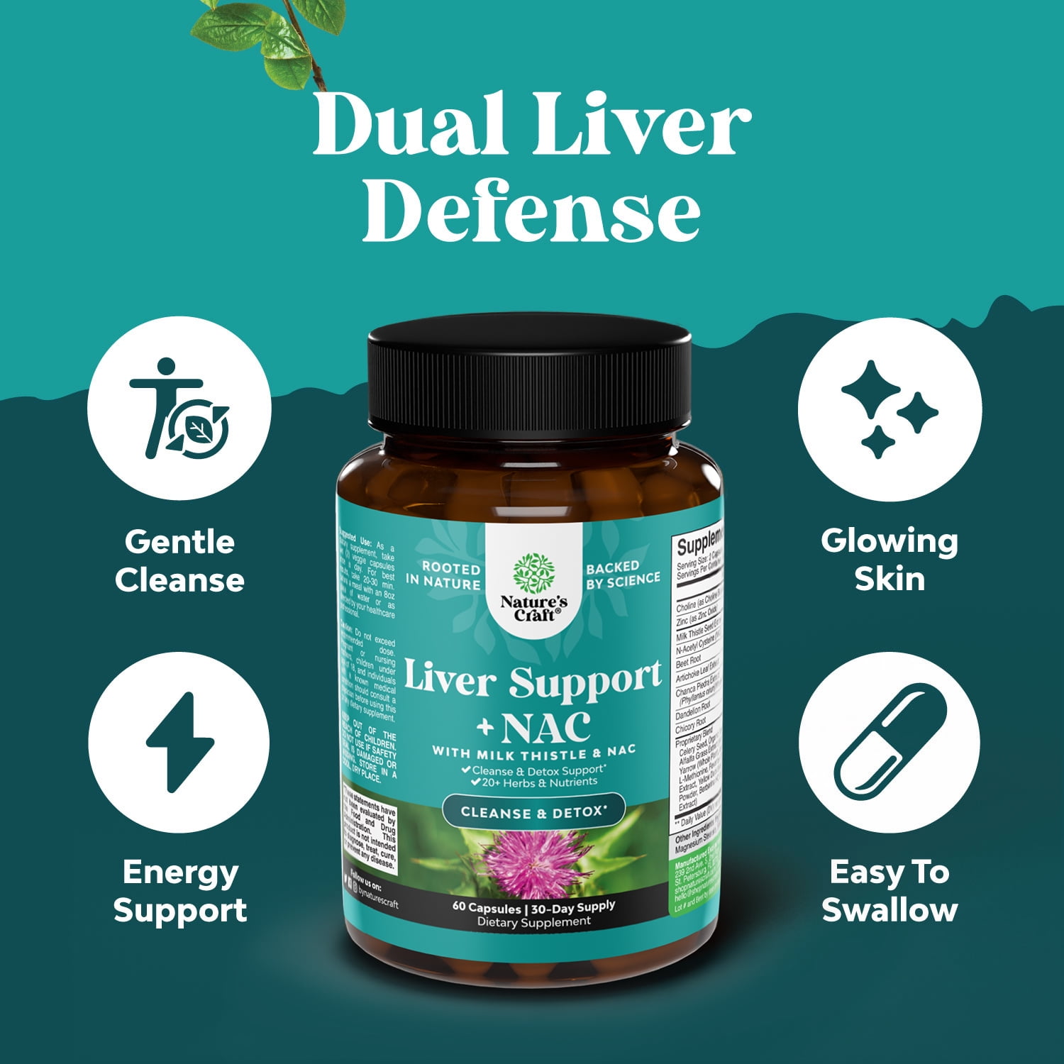 Natures Craft Liver Support Supplement with NAC and Milk Thistle Extract, 60 Capsules