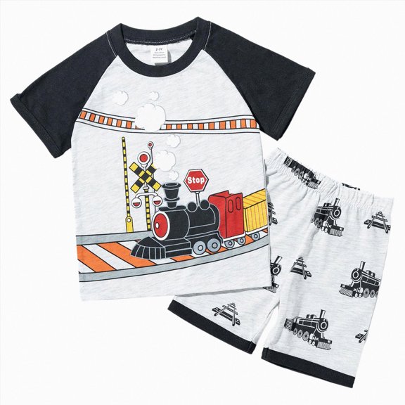 KPOPLK Toddler Boys Summer Clothes 2 Piece Outfits Set Short Sleeve Graphic Print T-Shirt Top & Elastic Waist Shorts(6-7 Years,Grey)