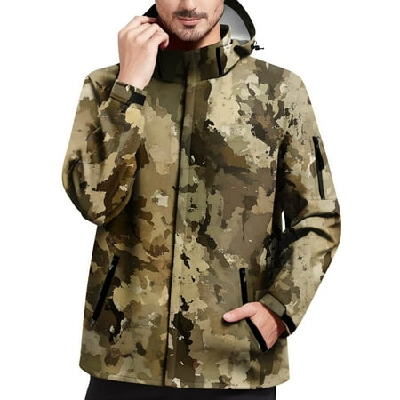 Homeyce Military Jacket for Men with Pockets Windproof & Waterproof Rain Jacket Long Sleeve Winter Outdoor Lightweight Rain Coat Zip Up Camo Outdoor Hoodies for Hiking,Green 5XL